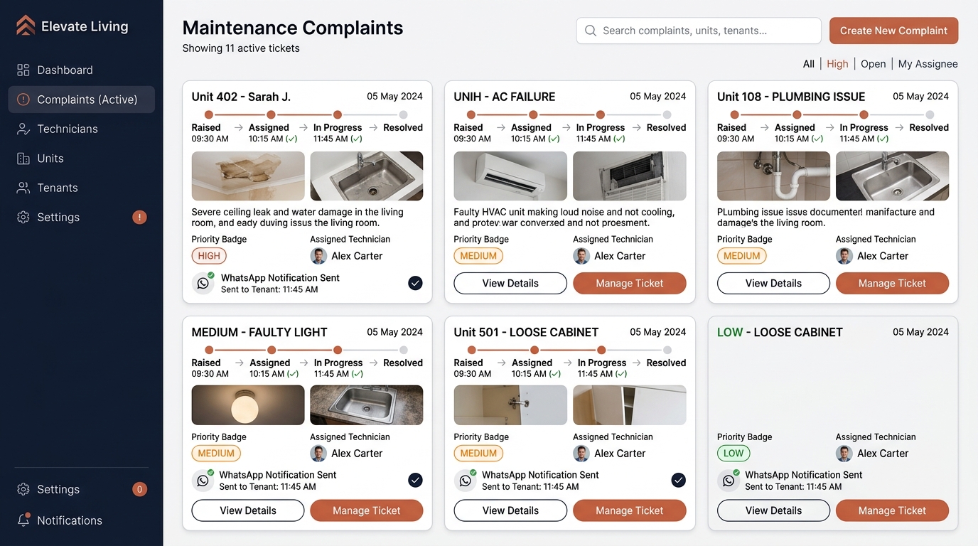 Nisavi maintenance complaint tracking with photo uploads and status timeline