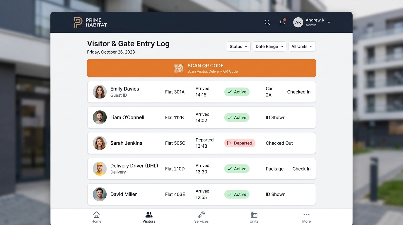 Nisavi visitor and gate entry log showing recent visitors with status